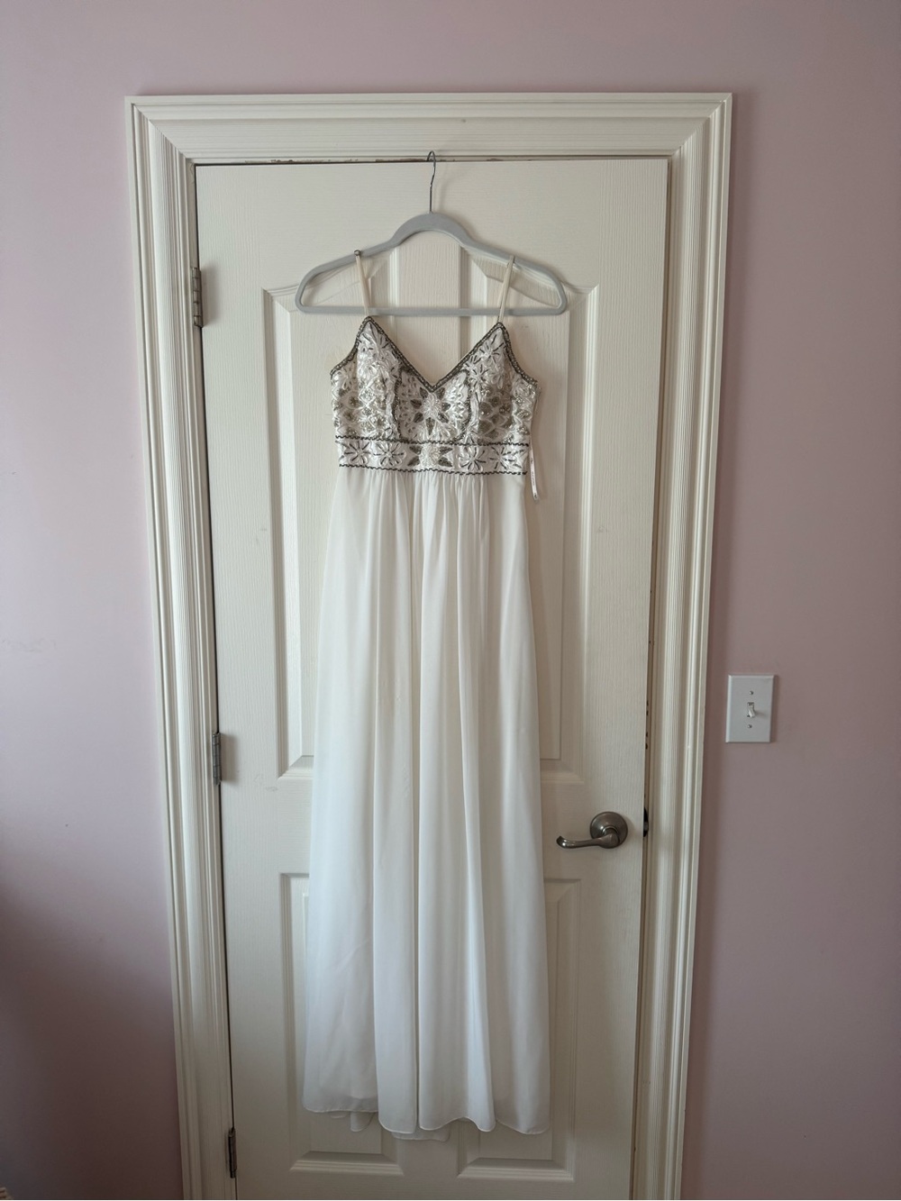 Sue Wong White Chiffon Chemise Metallic Embroidered Prom Dress